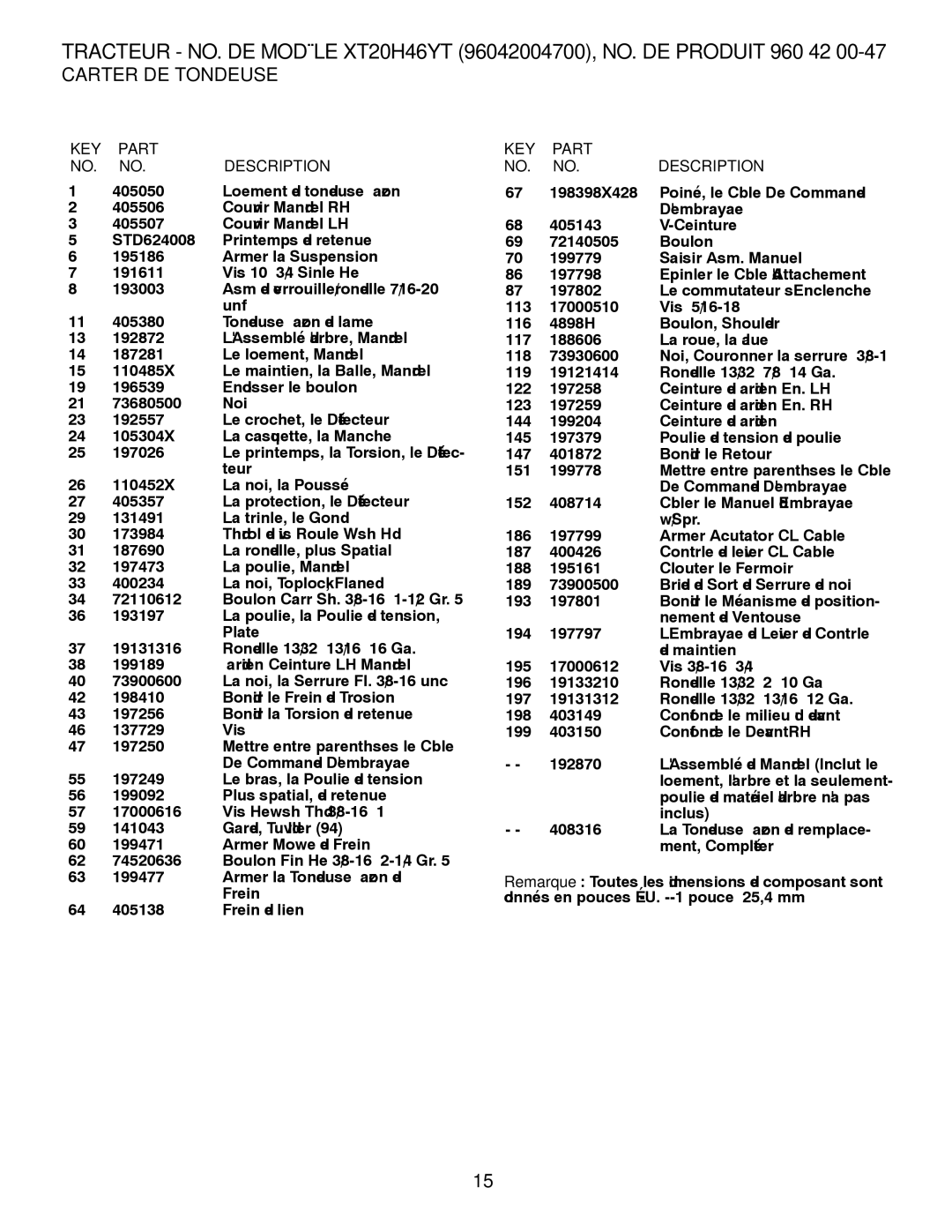 Poulan 412413, 960420047 manual Tondeuse DE Carter, Description Part KEY 