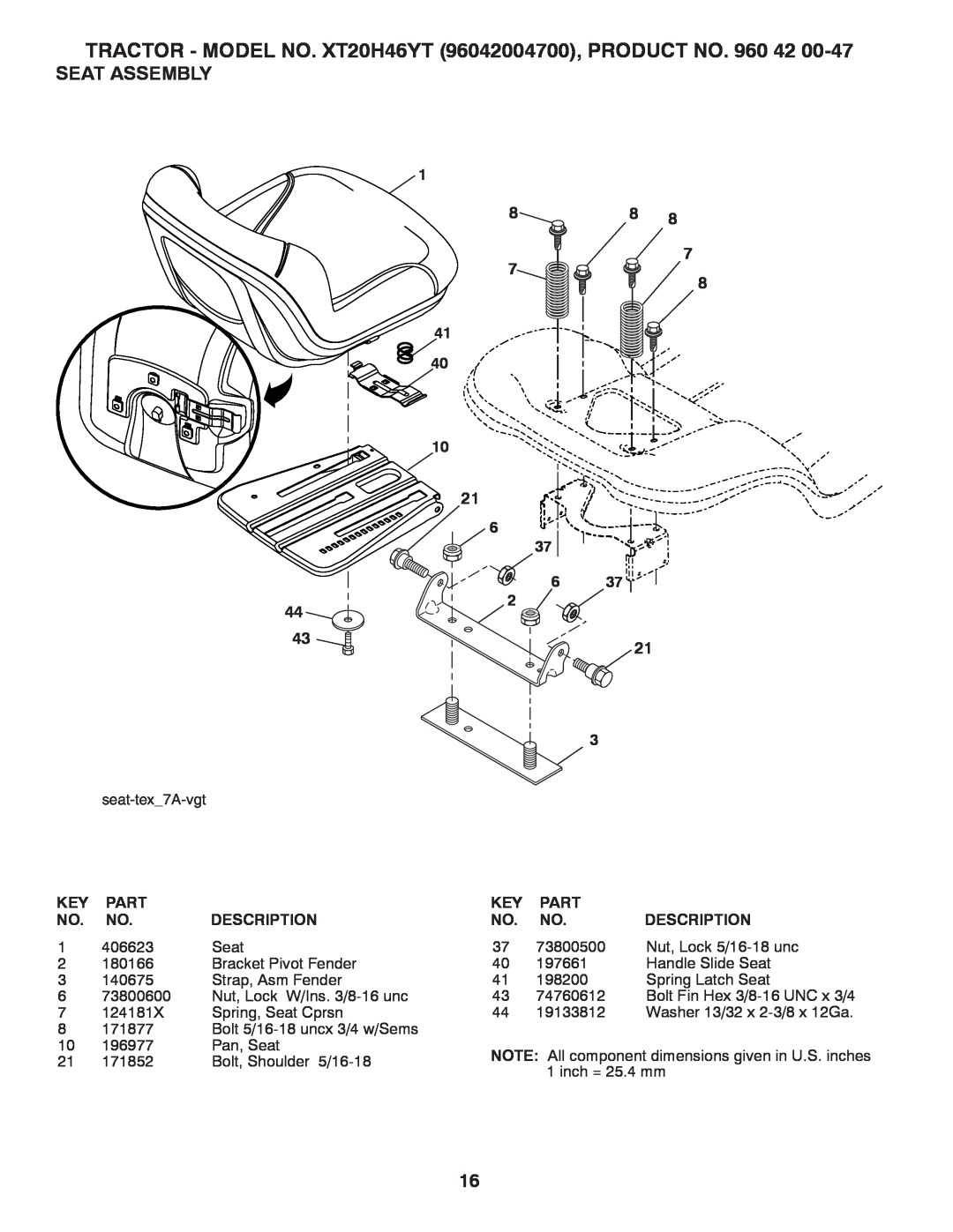 Poulan 412413 manual Seat Assembly, TRACTOR - MODEL NO. XT20H46YT 96042004700, PRODUCT NO, Part, Description 