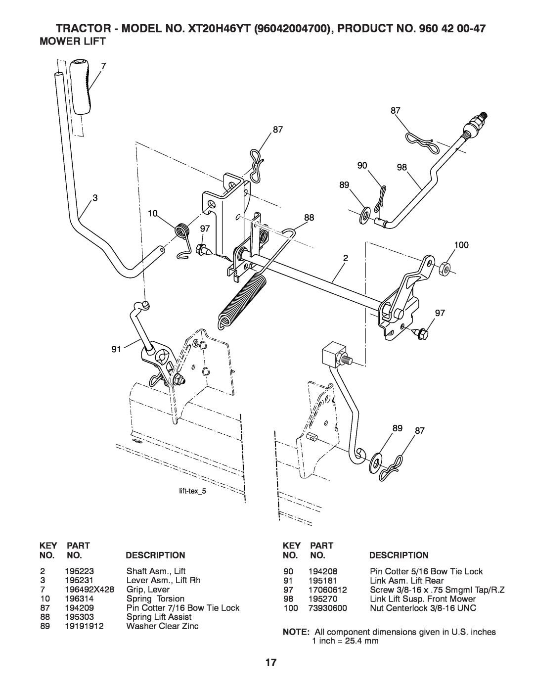 Poulan 412413 manual Mower Lift, 9098, TRACTOR - MODEL NO. XT20H46YT 96042004700, PRODUCT NO, Part, Description 