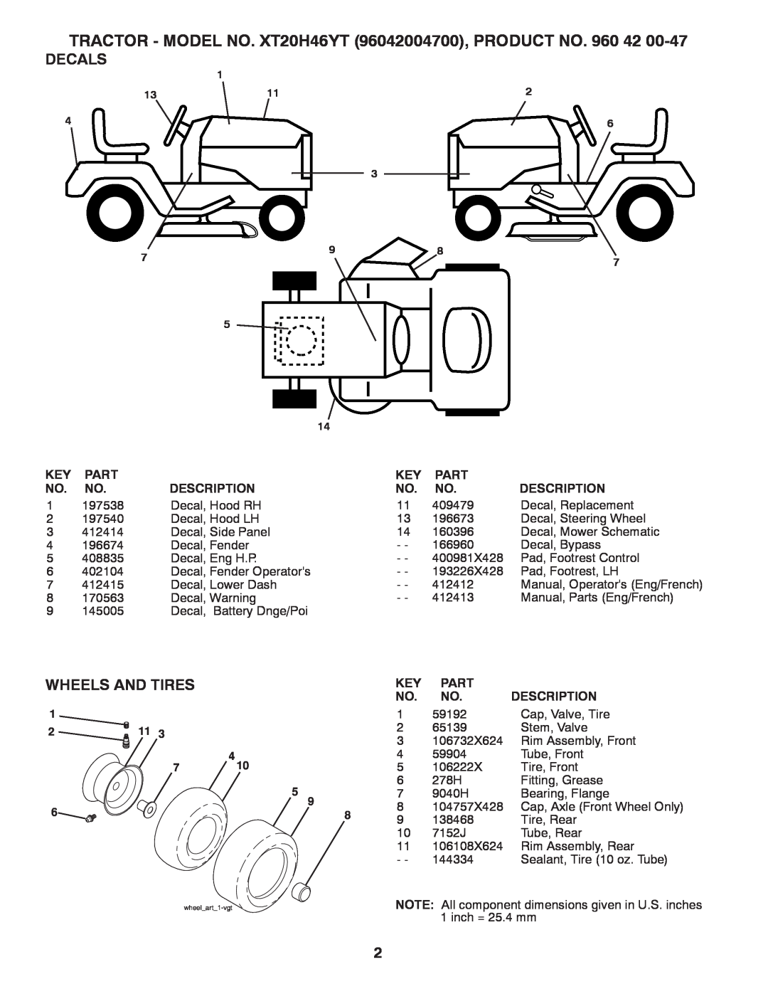 Poulan 412413 TRACTOR - MODEL NO. XT20H46YT 96042004700, PRODUCT NO. 960, Decals, Wheels And Tires, Part, Description 
