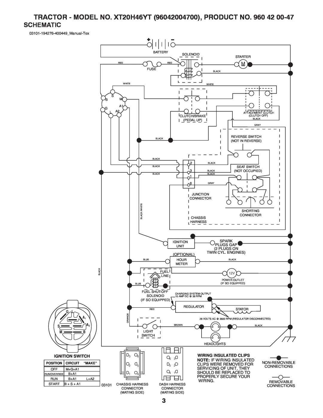 Poulan 412413 manual Schematic, TRACTOR - MODEL NO. XT20H46YT 96042004700, PRODUCT NO, Optional 