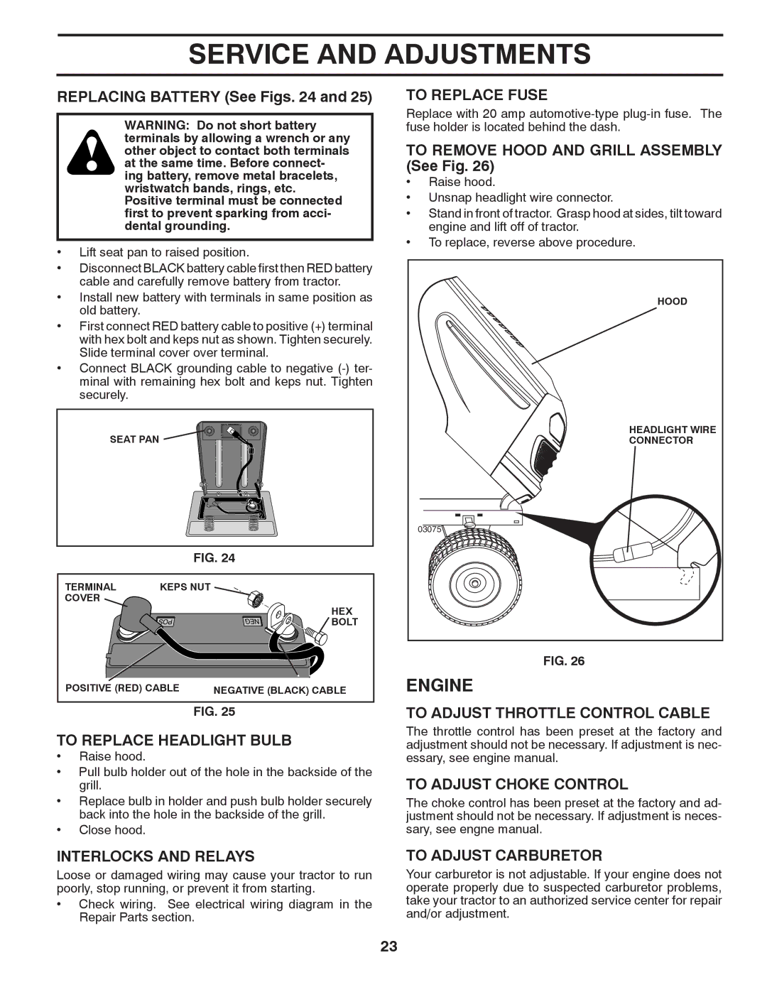 Poulan 96012007500 To Replace Headlight Bulb, Interlocks and Relays, To Replace Fuse, To Adjust Throttle Control Cable 