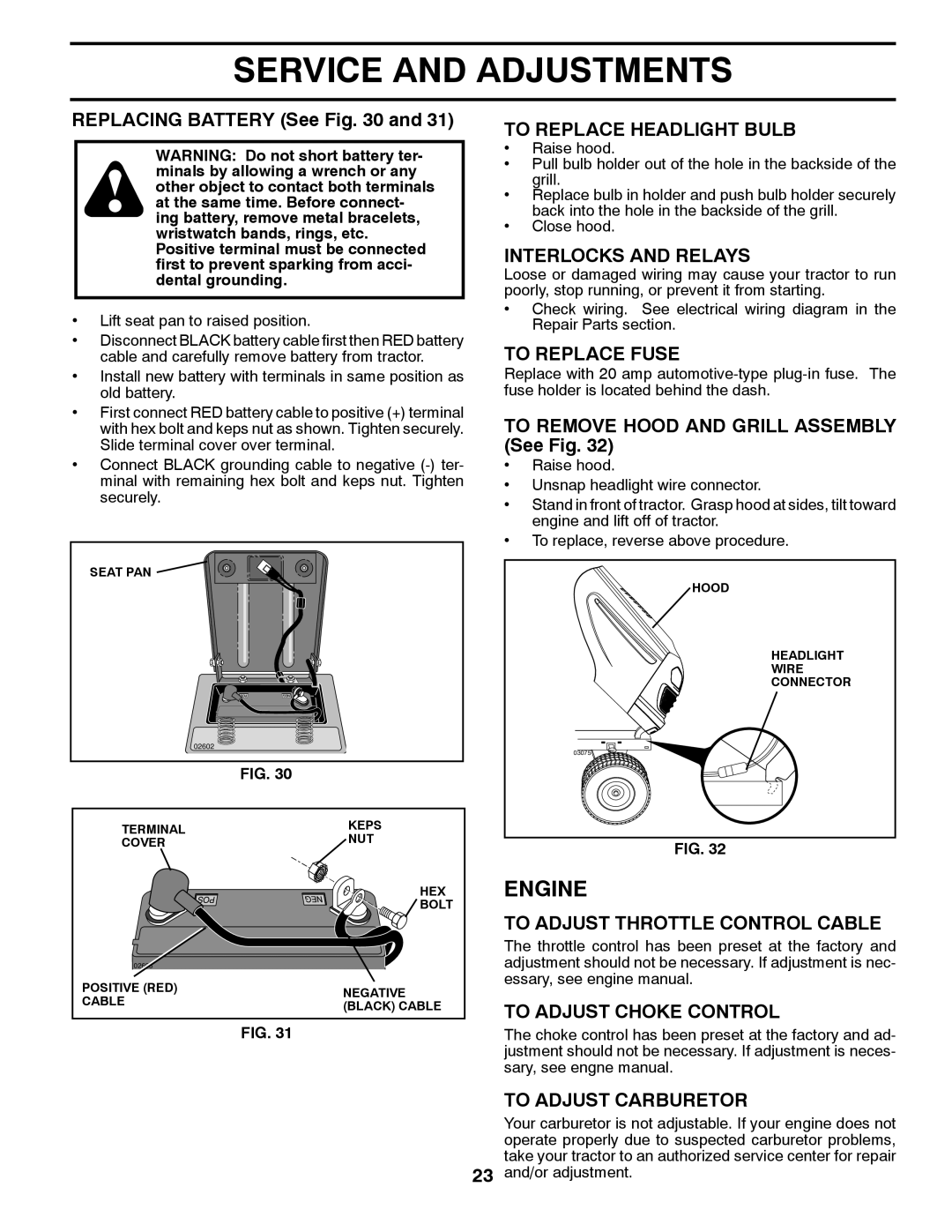 Poulan 96042004900 To Replace Headlight Bulb, Interlocks and Relays, To Replace Fuse, To Adjust Throttle Control Cable 