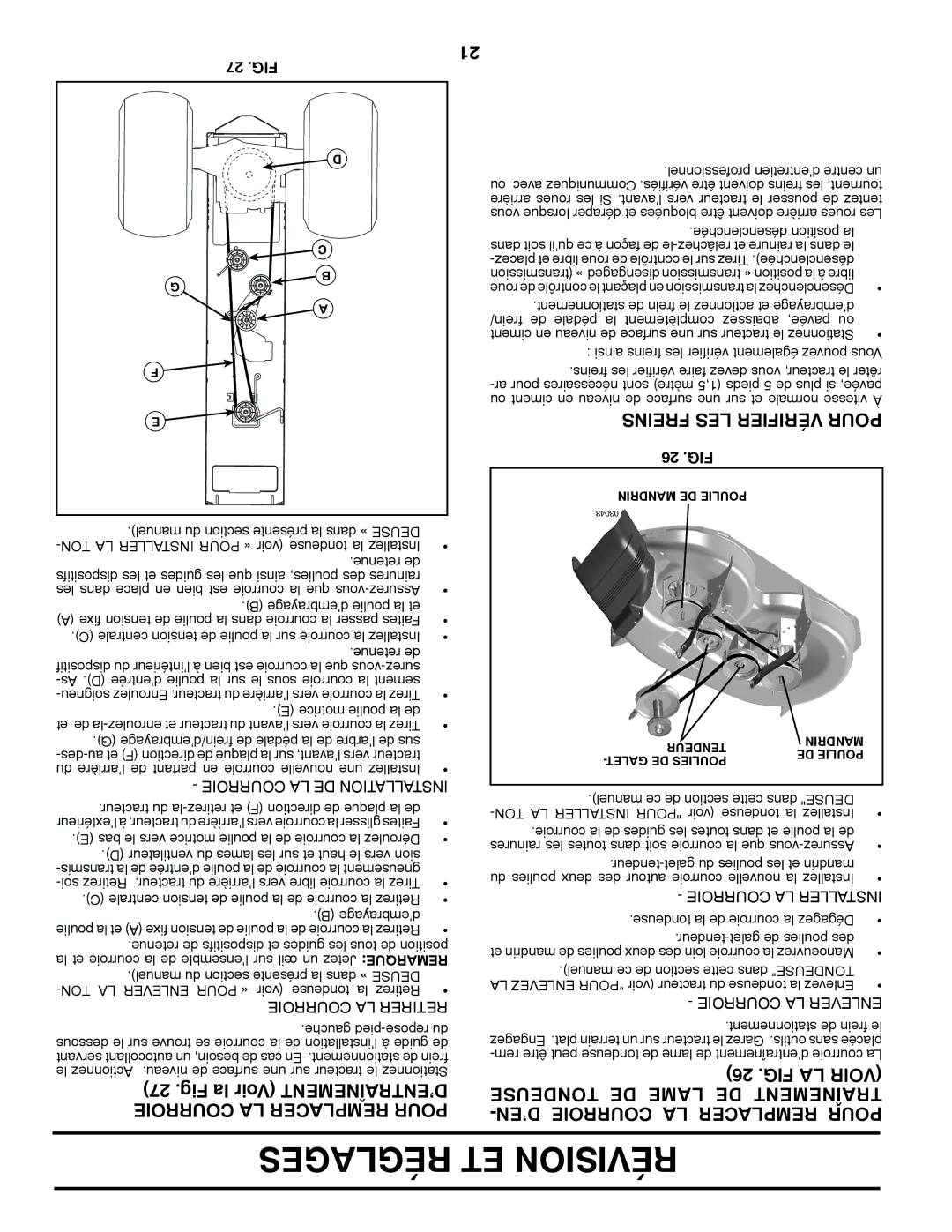 Poulan 412523, 96042004900 manual Réglages ET Révision, Fig la Voir D’ENTRAÎNEMENT Courroie LA Remplacer Pour, FIG LA Voir 