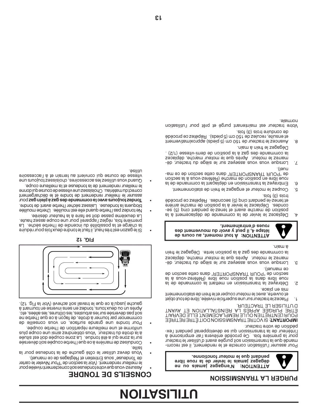 Poulan 412523, 96042004900 manual Utilisation, Transmission LA Purger, 12 .FIG, Tracteur LE D’UTILISER 