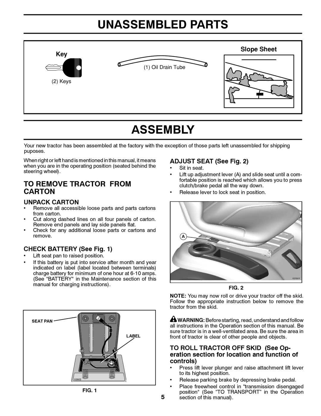 Poulan 96042004900, 412523 manual Unassembled Parts, Assembly, To Remove Tractor from Carton, Unpack Carton 