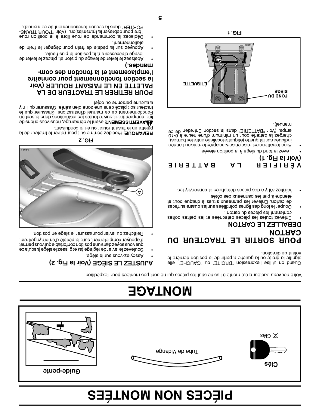 Poulan 412523, 96042004900 manual Montées NON Piéces, Toncar DU Tracteur LE Sortir Pour, R E T T a B I F I R É 