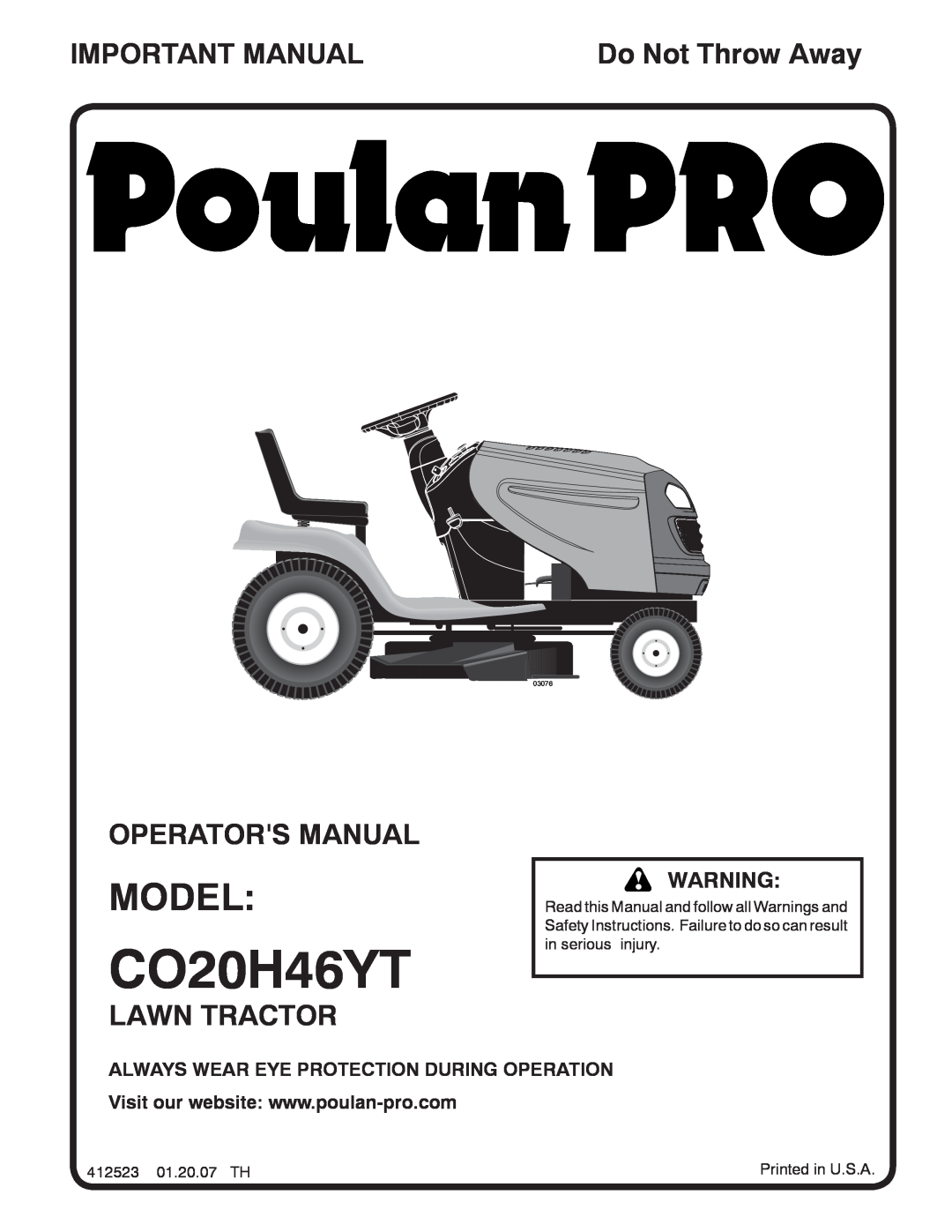 Poulan 96042004900 manual Model, Important Manual, Operators Manual, Lawn Tractor, Do Not Throw Away, CO20H46YT, 03076 