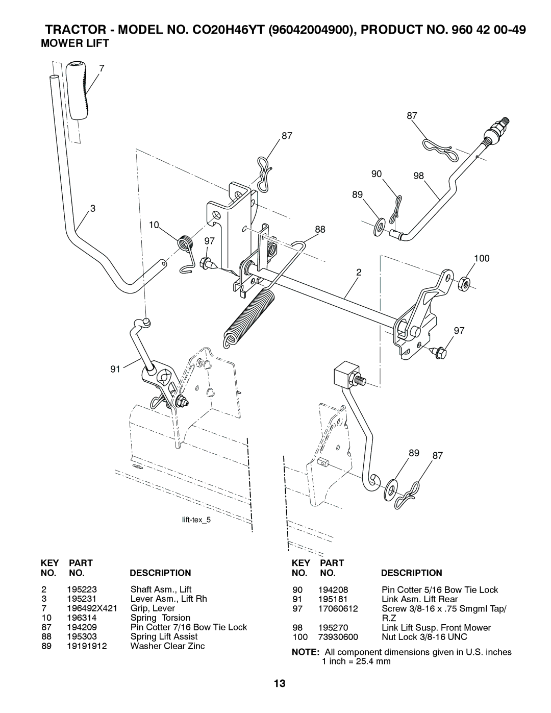 Poulan 412525 manual Mower Lift, 9098 100 