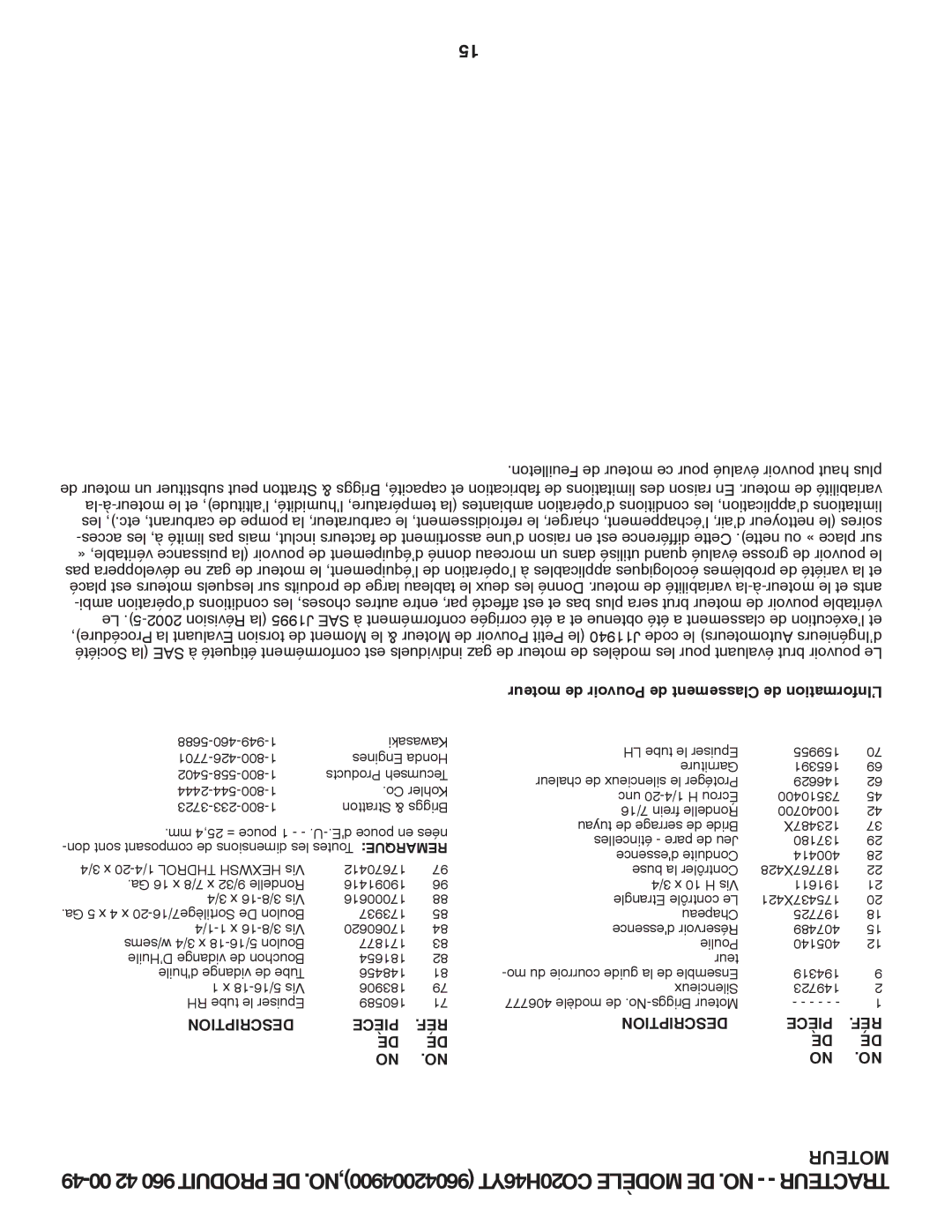 Poulan 412525 manual Moteur de Pouvoir de Classement de L’Information 