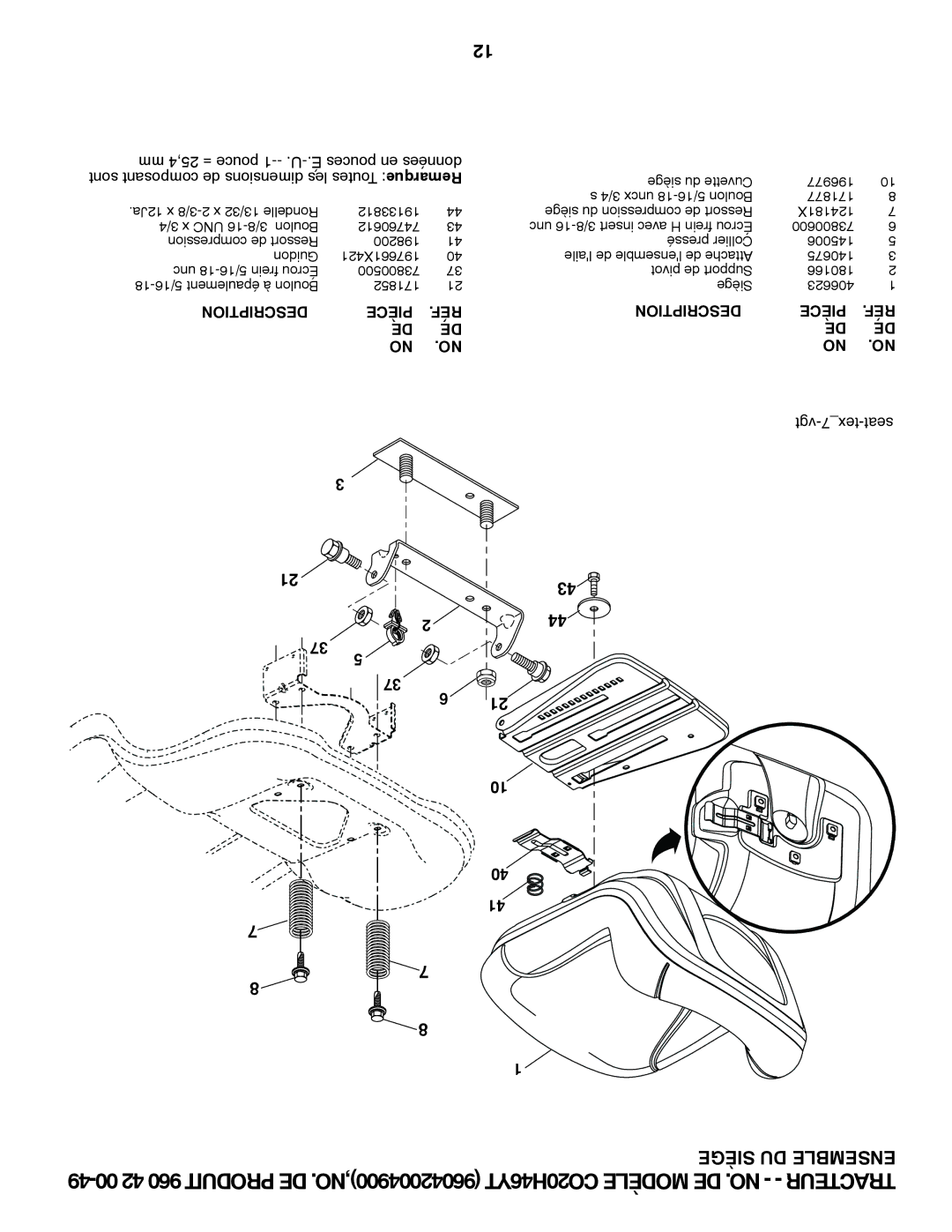 Poulan 412525 manual Siège DU Ensemble 