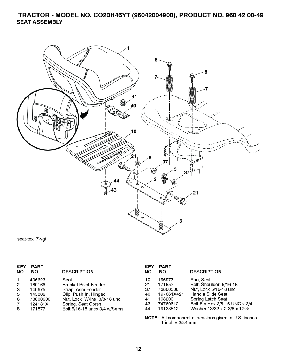 Poulan 412525 manual Seat Assembly, TRACTOR - MODEL NO. CO20H46YT 96042004900, PRODUCT NO. 960 42, Part, Description 