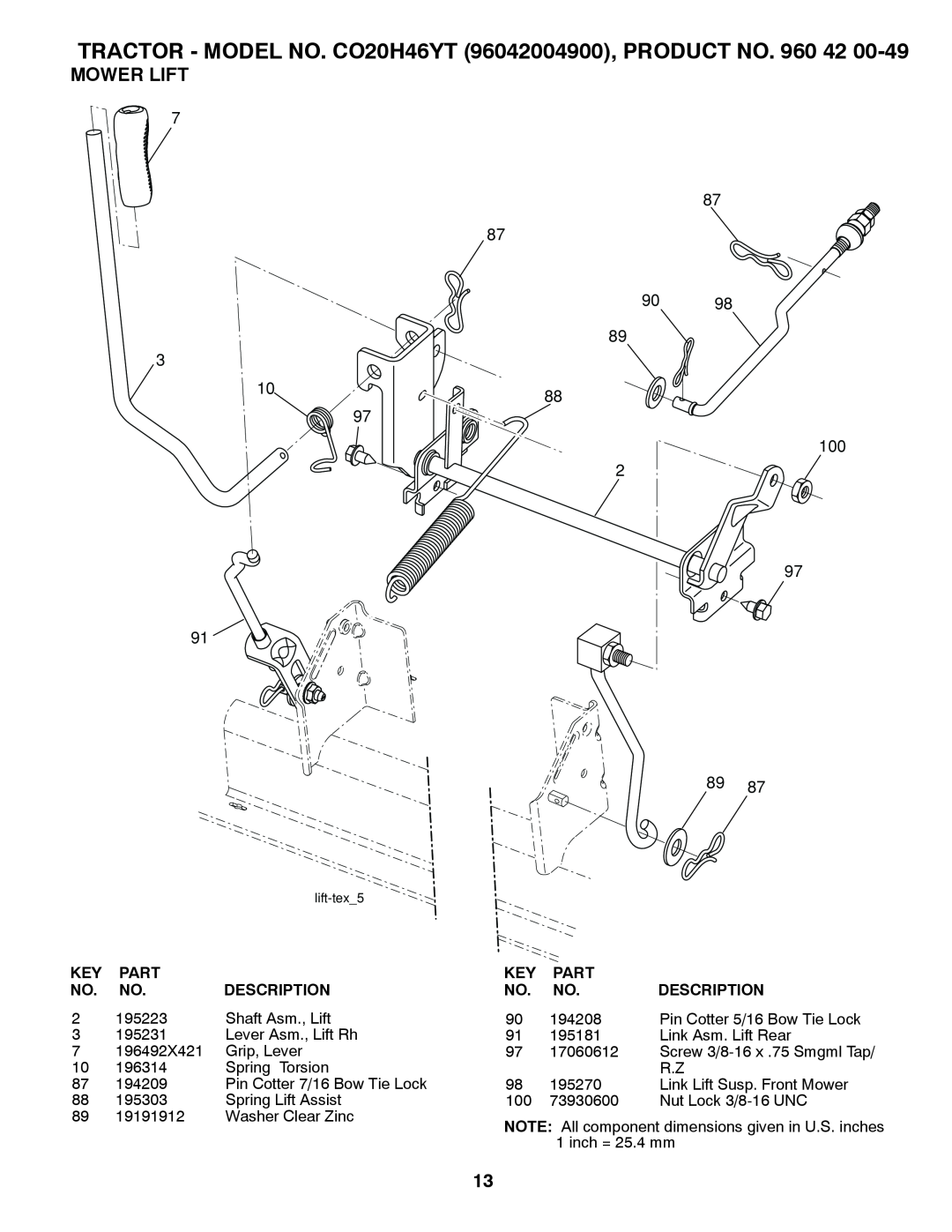Poulan 412525 manual Mower Lift, 9098, TRACTOR - MODEL NO. CO20H46YT 96042004900, PRODUCT NO. 960 42, Part, Description 