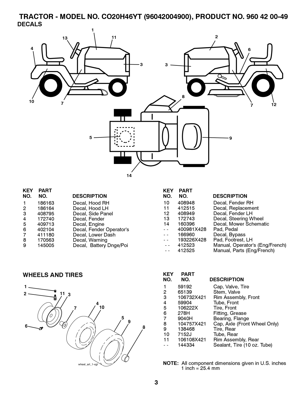 Poulan 412525 Decals, Wheels And Tires, TRACTOR - MODEL NO. CO20H46YT 96042004900, PRODUCT NO. 960 42, Part, Description 