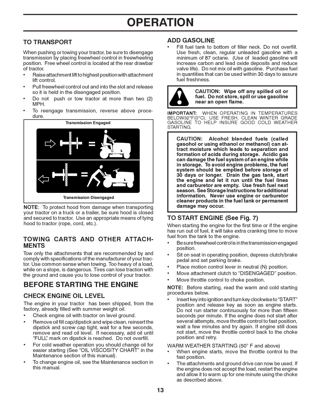 Poulan 96042005000 Before Starting the Engine, To Transport, Towing Carts and Other ATTACH- Ments, Check Engine OIL Level 