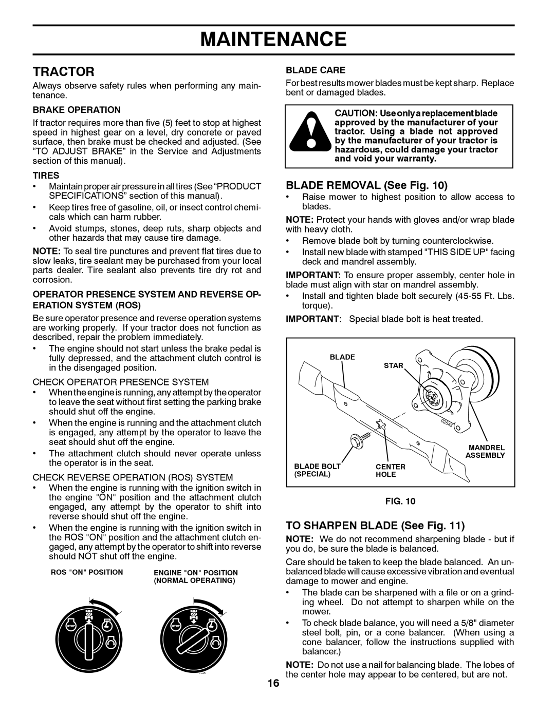 Poulan 413106, 96042005000 manual Tractor, Blade Removal See Fig, To Sharpen Blade See Fig, Check Operator Presence System 