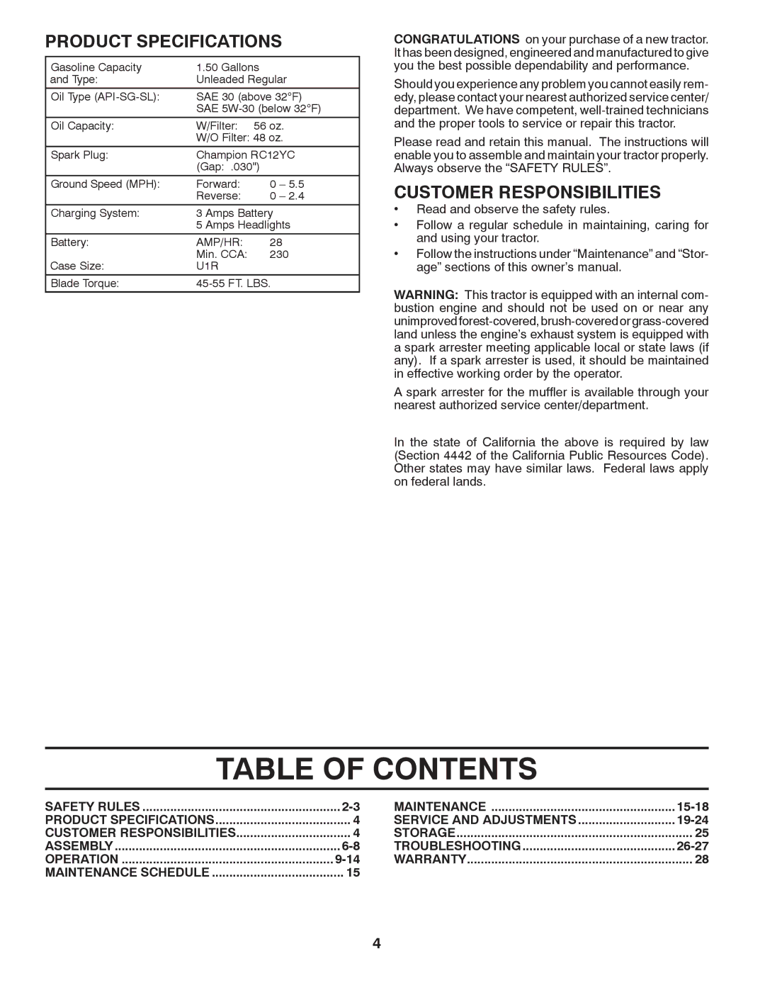 Poulan 413106, 96042005000 manual Table of Contents 