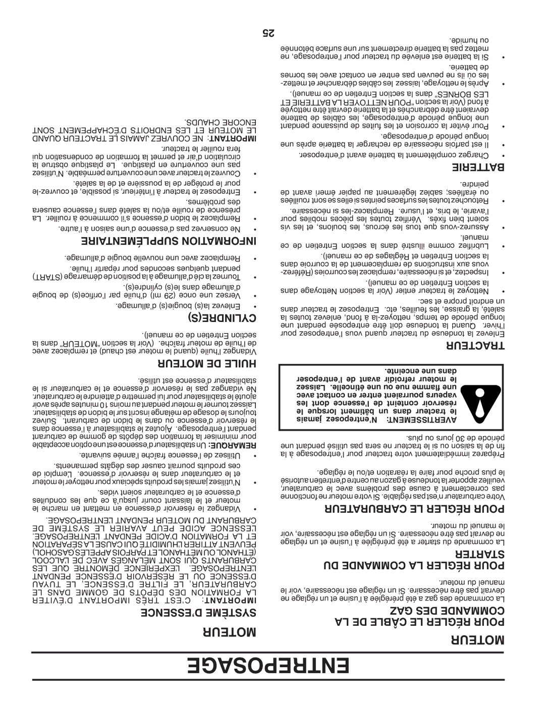 Poulan 413106, 96042005000 manual Entreposage, Carburateur LE Régler Pour, Starter DU Commande LA Régler Pour 