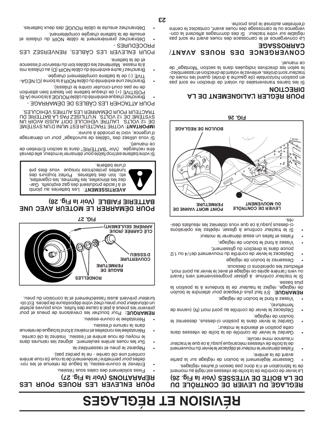 Poulan 413106 manual Carrossage AVANT/ Roues DES Convergence, Direction, LA DE L’ALIGNEMENT Régler Pour, 27 .FIG, 26 .FIG 