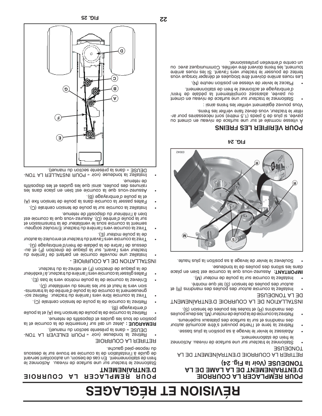 Poulan 96042005000, 413106 manual Courroie Acer Rempl Pour, ’Entraînement, Freins LES Vérifier Pour, 25 .FIG, 24 .FIG 