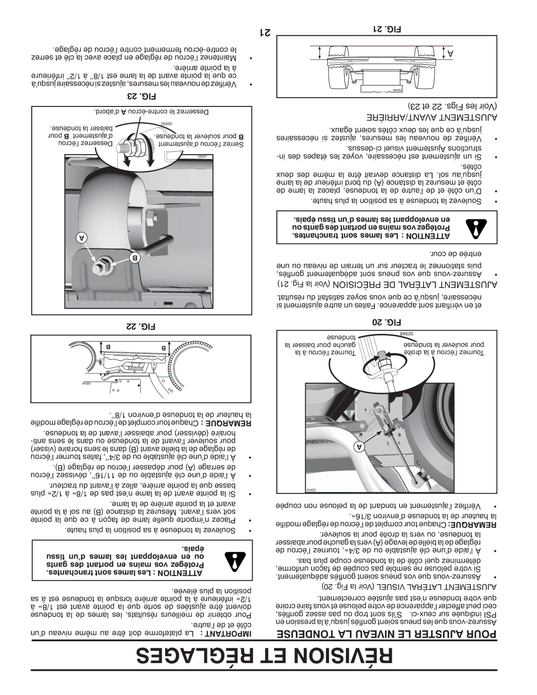 Poulan 413106, 96042005000 manual Tondeuse LA Niveau LE Ajuster Pour, 23 .FIG, 21 .FIG, 22 .FIG, 20 .FIG 