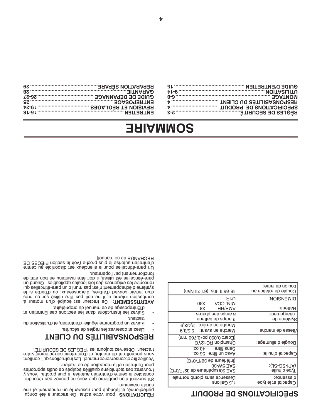 Poulan 96042005000, 413106 manual Sommaire, U1R Dimension, Cca .Min Amp/Hr, Sl-Sg-Api 