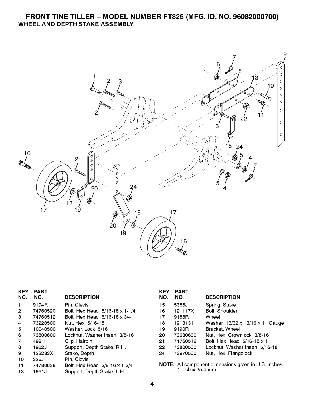 Poulan 413157, 96082000700 manual Wheel and Depth Stake Assembly 