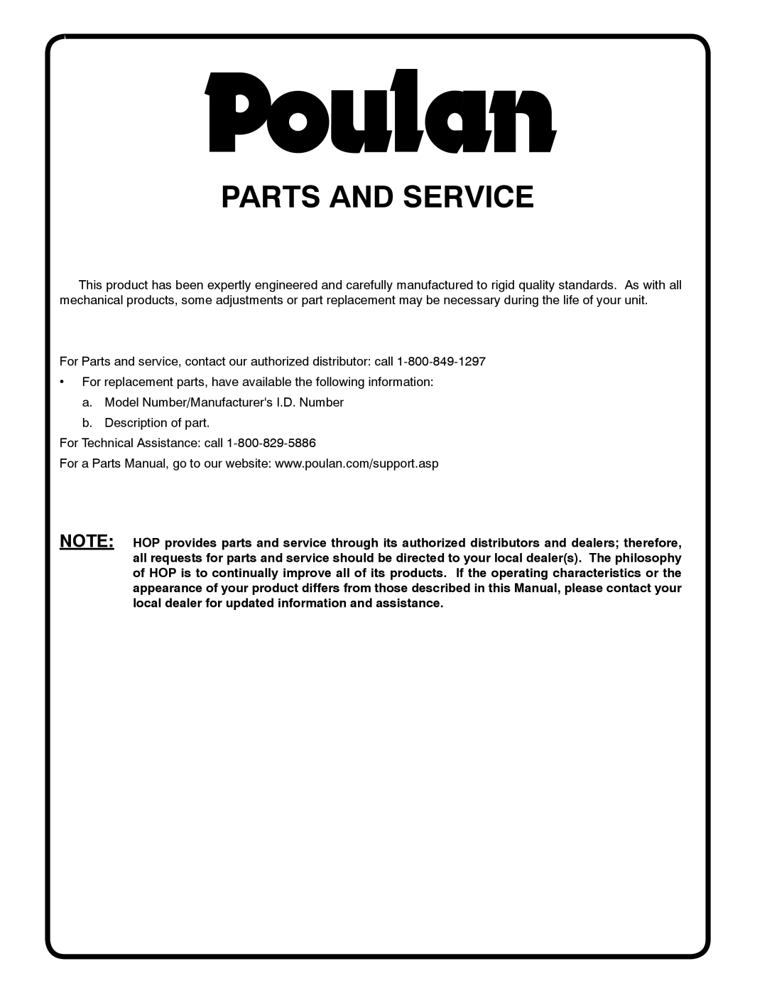 Poulan 413157, 96082000700 manual Parts and Service 