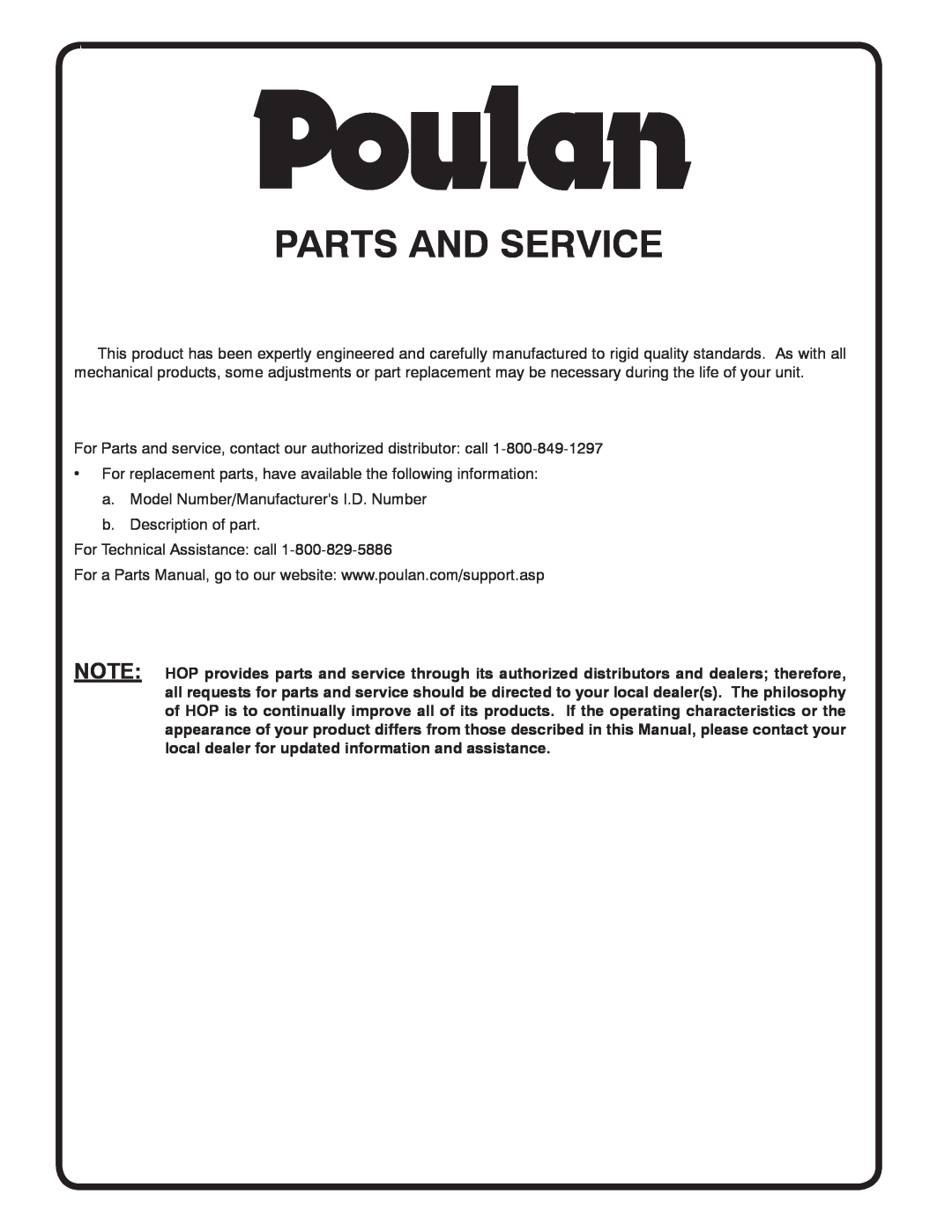 Poulan 413157, 96082000700 manual Parts And Service 