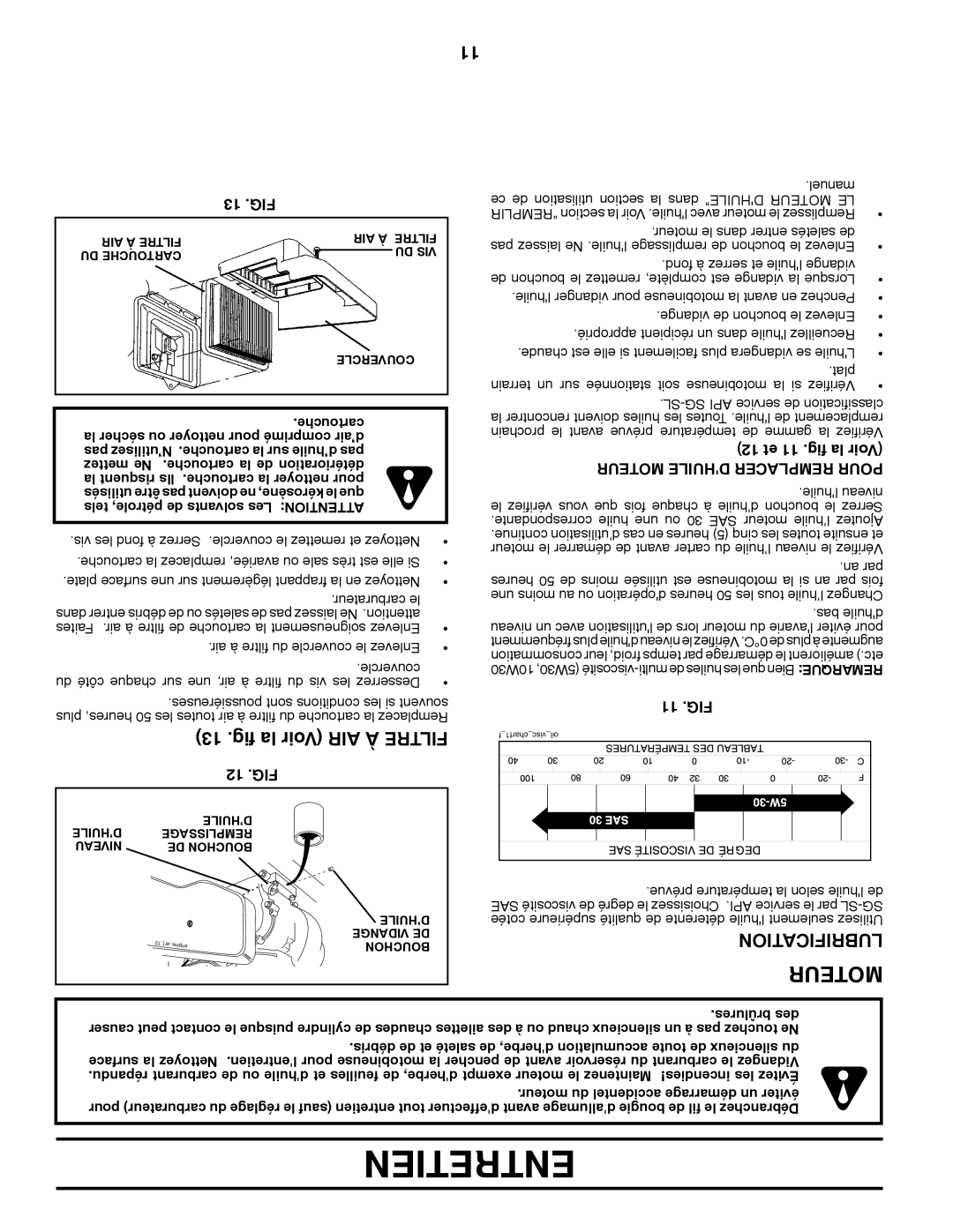 Poulan 413288 manual Moteur, Fig la Voir AIR À Filtre, Lubrification 