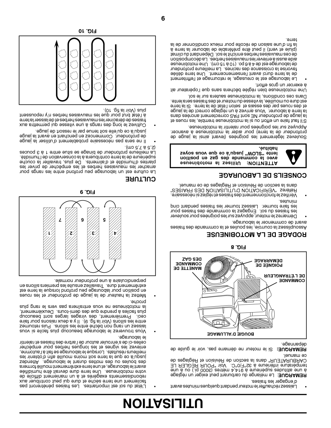 Poulan 413288 manual Utilisation, Labourage DE Conseils, Motobineuse LA DE Rodage, Culture, 10 .FIG 