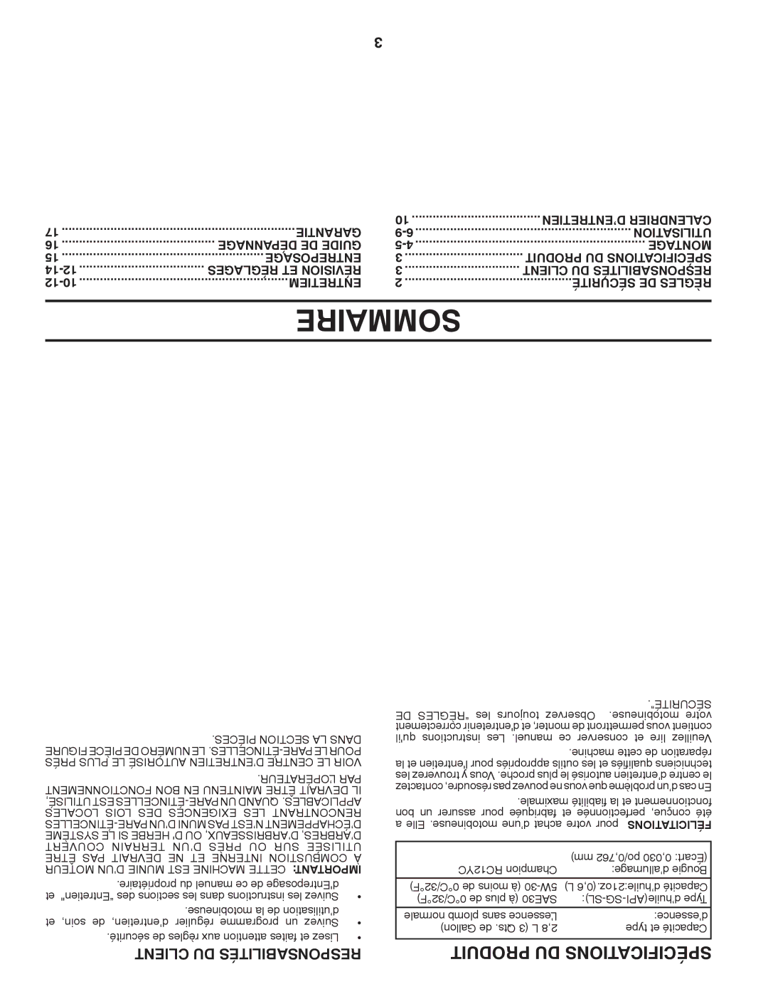 Poulan 413288 manual Sommaire, Produit DU Spécifications, Client DU Responsabilités, Entretiem Sécurité DE Règles 