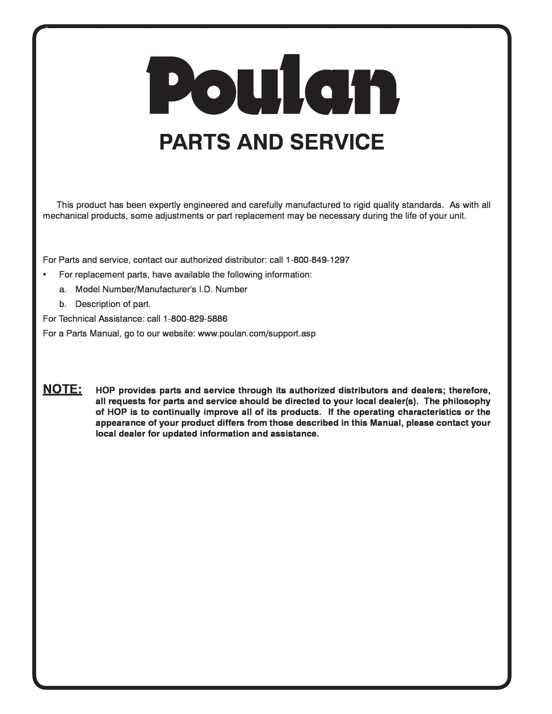 Poulan 413288 manual Parts And Service 
