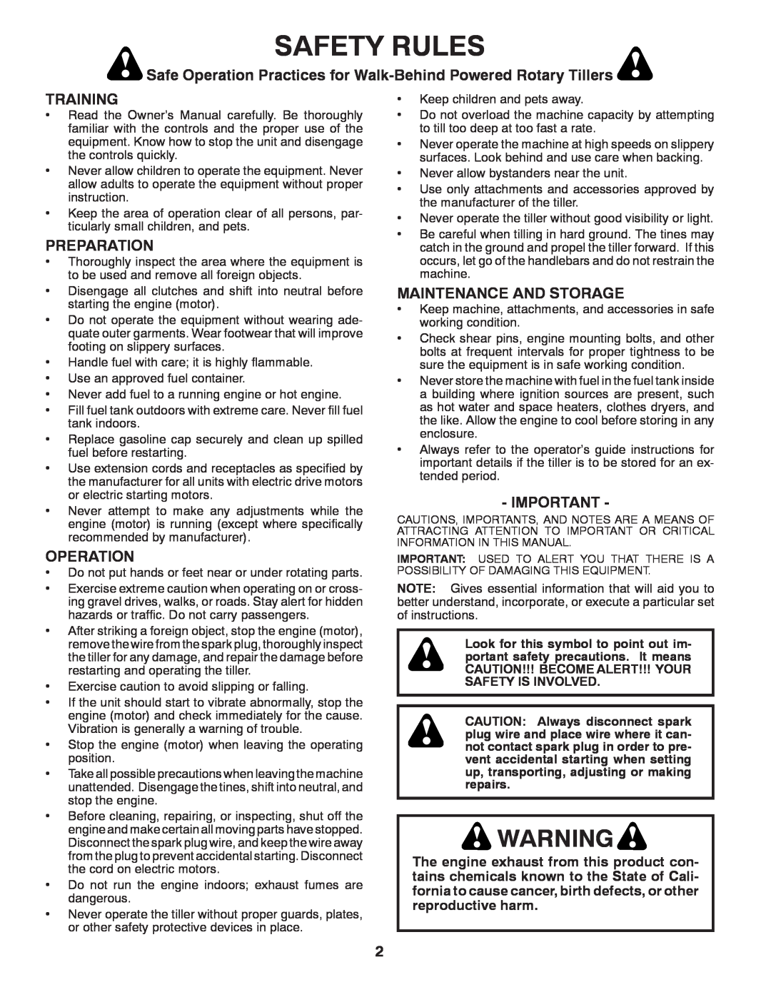 Poulan 413288 manual Safety Rules, Safe Operation Practices for Walk-Behind Powered Rotary Tillers, Training, Preparation 