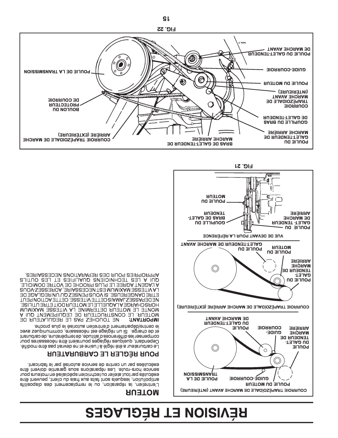 Poulan 413288 manual Réglages Et Révision, Carburateur Le Régler Pour, 15 22 .FIG, 21 .FIG, Moteur 