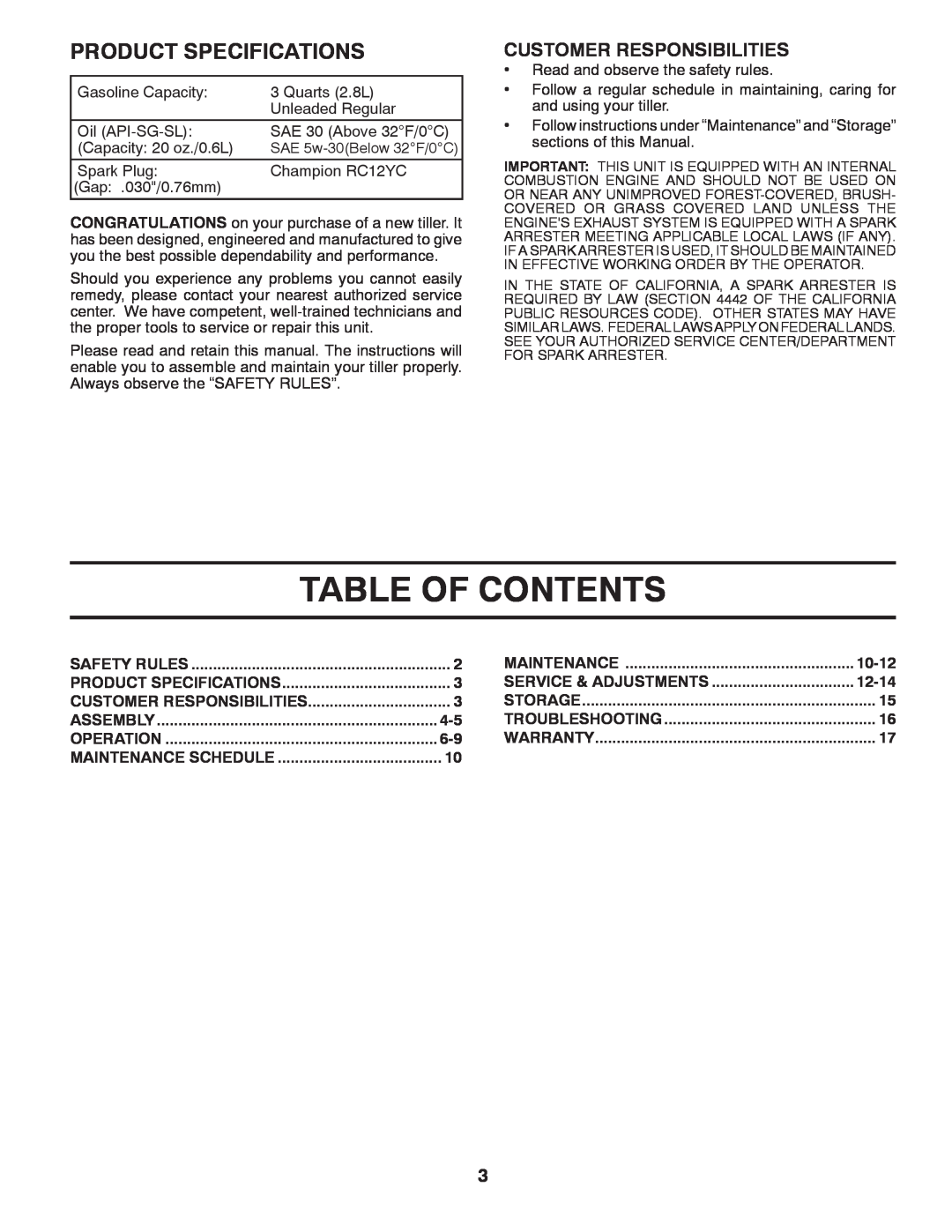 Poulan 413288 manual Table Of Contents, Product Specifications, Customer Responsibilities, 10-12, 12-14 