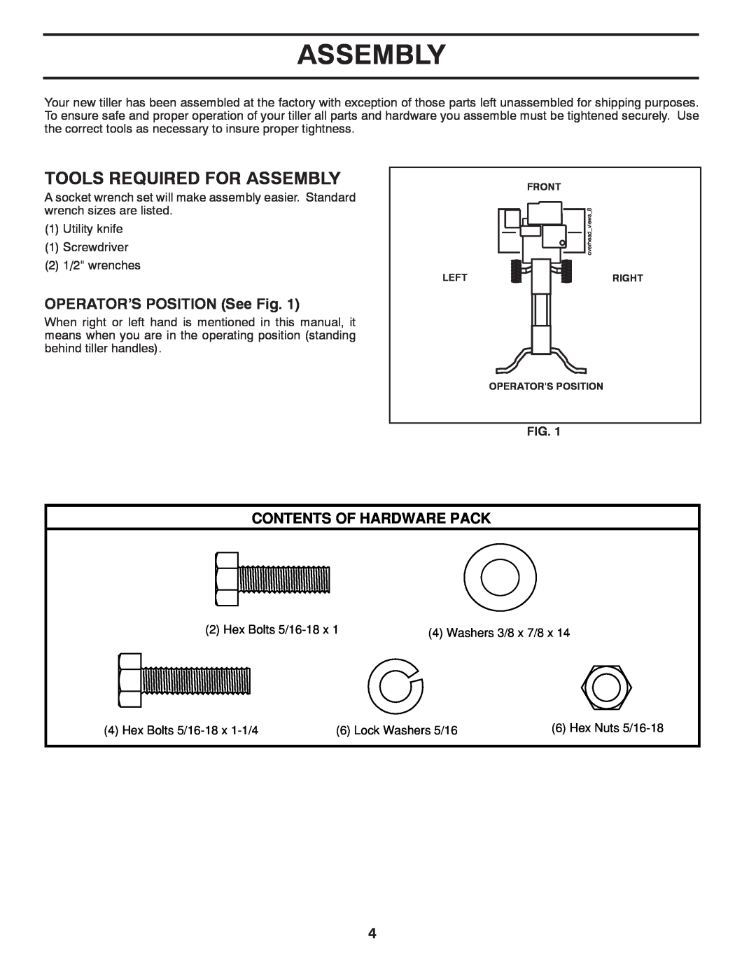 Poulan 413288 manual Tools Required For Assembly, OPERATOR’S POSITION See Fig, Contents Of Hardware Pack 