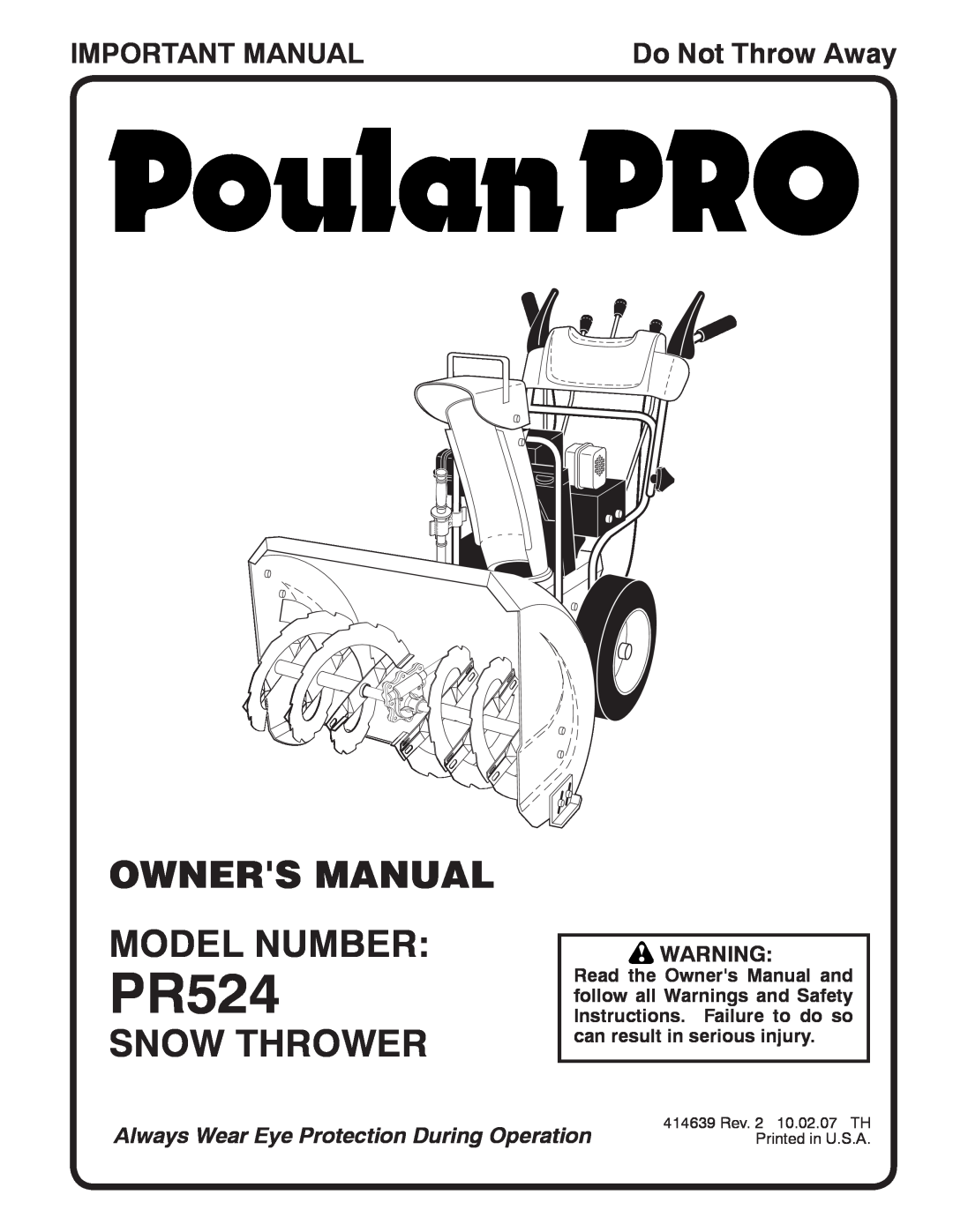 Poulan 414639 owner manual Snow Thrower, Important Manual, PR524, Do Not Throw Away 