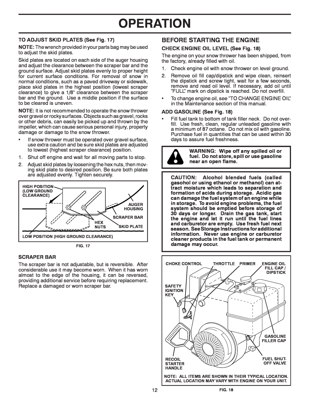 Poulan 414639 Before Starting The Engine, Operation, TO ADJUST SKID PLATES See Fig, CHECK ENGINE OIL LEVEL See Fig 