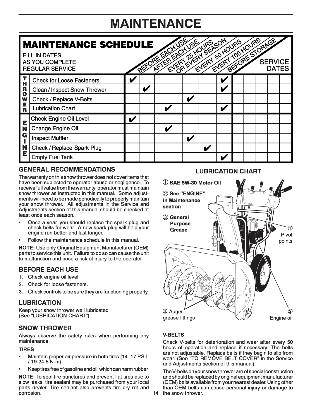 Poulan 414639 Maintenance, General Recommendations, Before Each Use, Lubrication Chart, Snow Thrower, Purpose Grease 