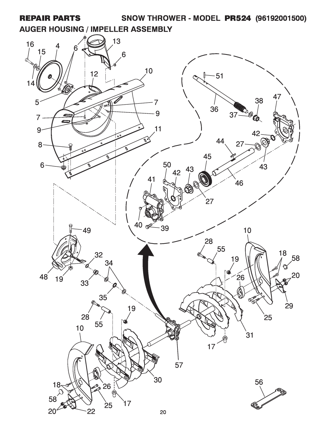 Poulan 414639 owner manual Repair Parts, SNOW THROWER - MODEL PR524, Auger Housing / Impeller Assembly 