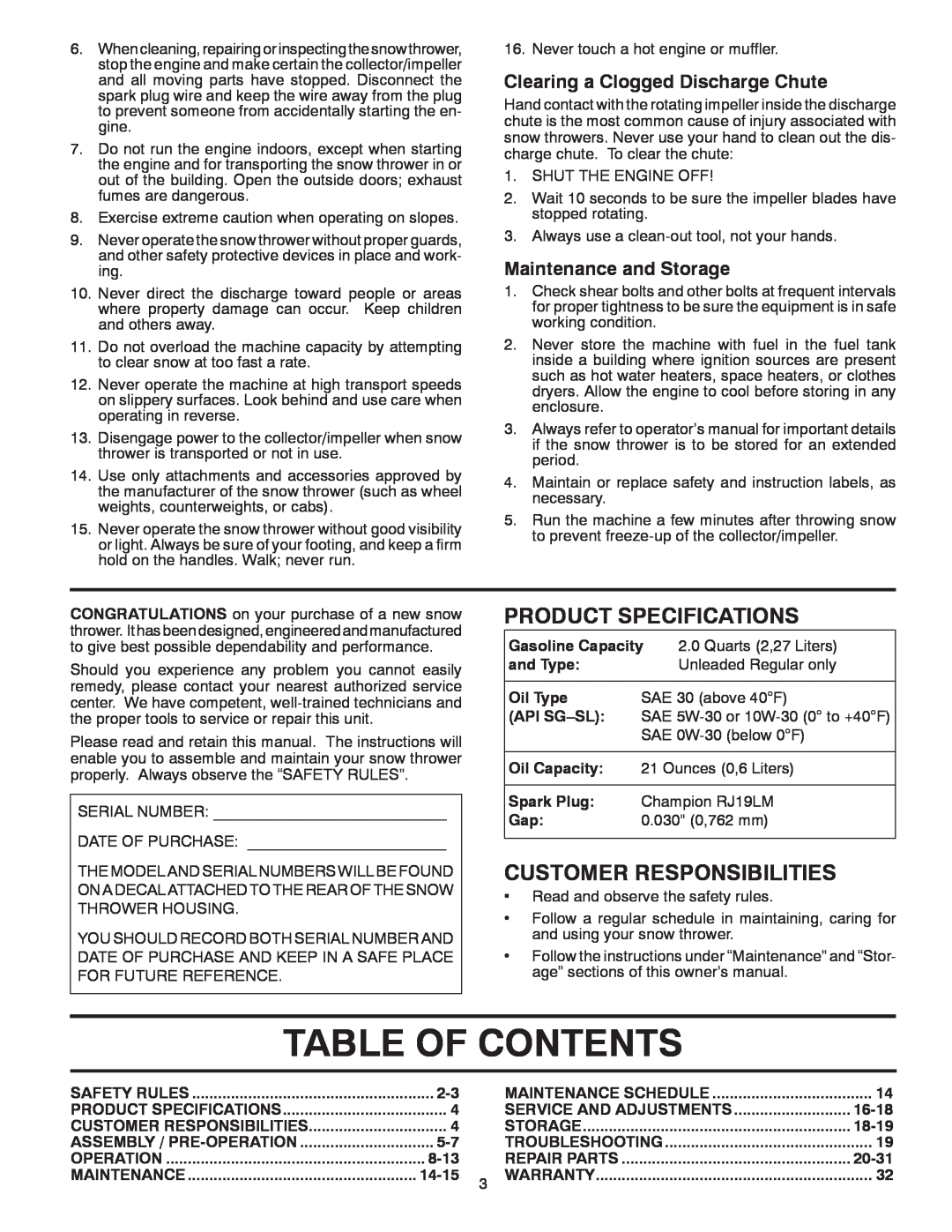 Poulan 414639 Table Of Contents, Product Specifications, Customer Responsibilities, Clearing a Clogged Discharge Chute 