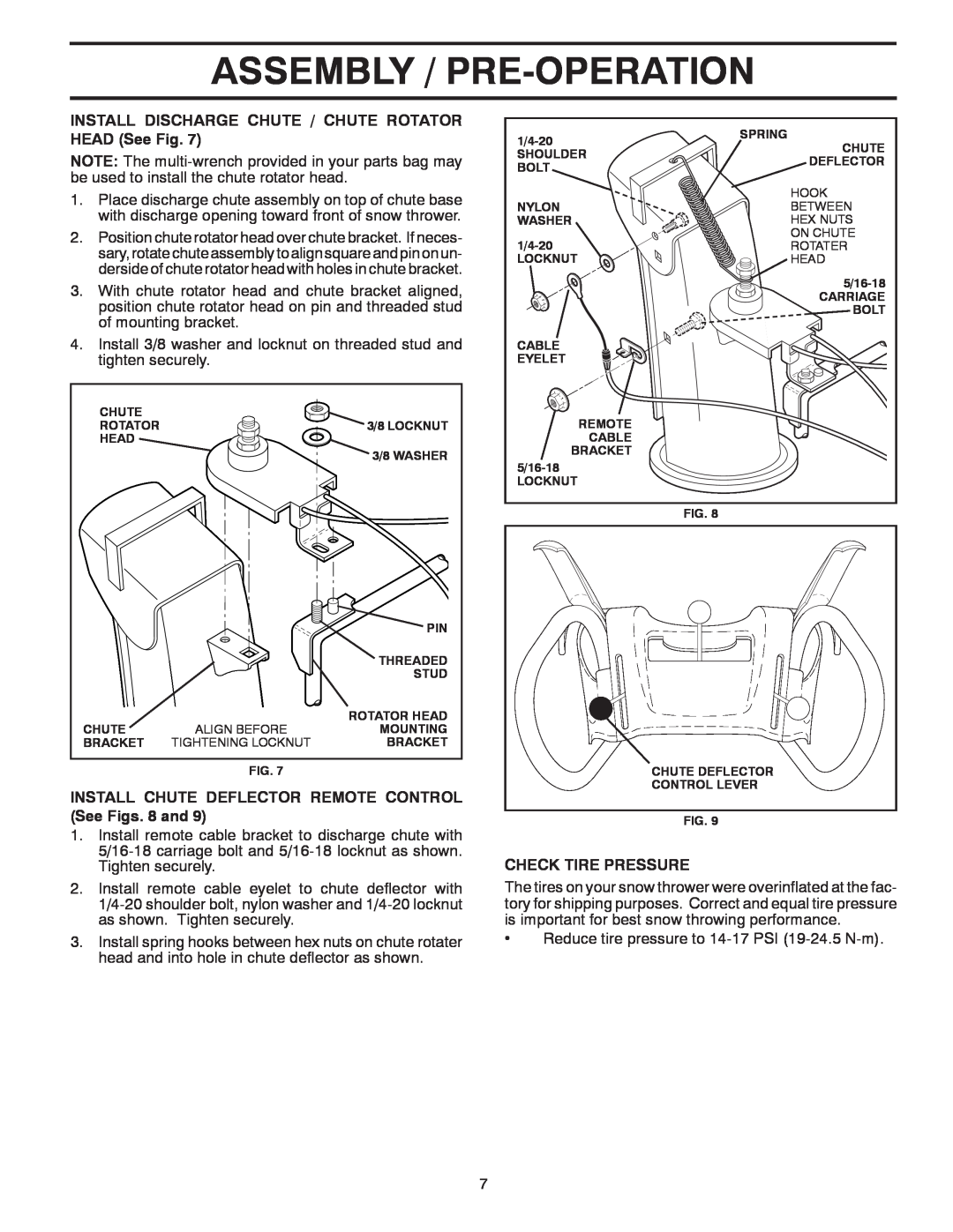 Poulan 414639 Assembly / Pre-Operation, INSTALL DISCHARGE CHUTE / CHUTE ROTATOR HEAD See Fig, Check Tire Pressure 