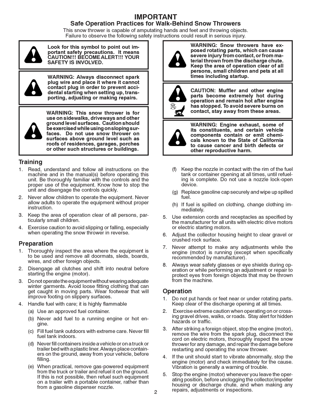 Poulan 414639 owner manual Safe Operation Practices for Walk-Behind Snow Throwers 