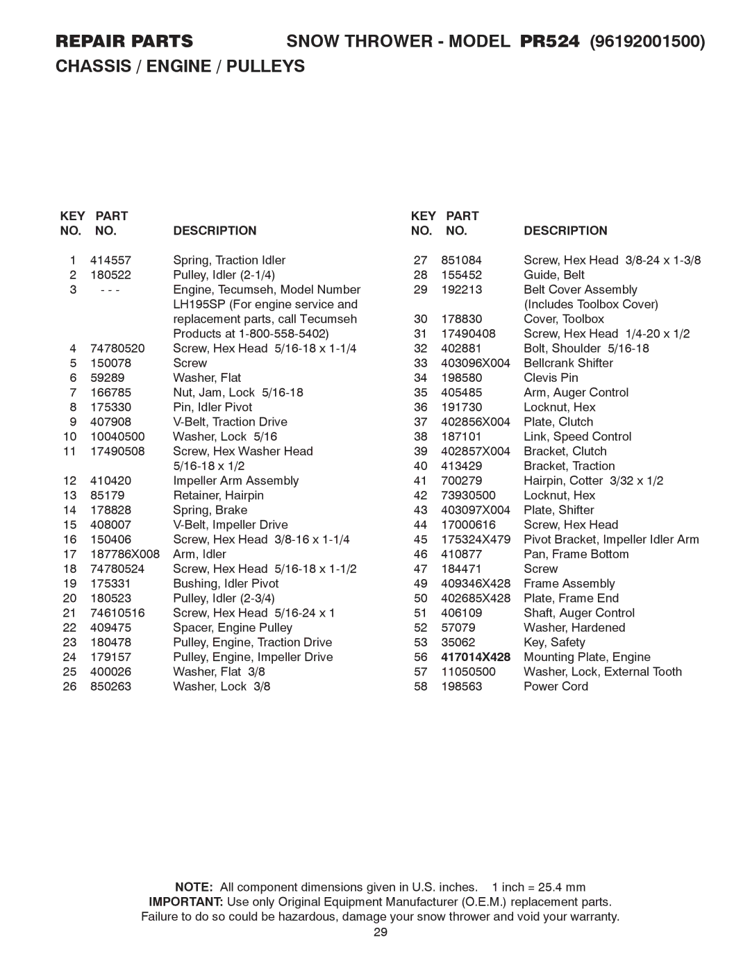 Poulan 414639 owner manual KEY Part Description, 417014X428 