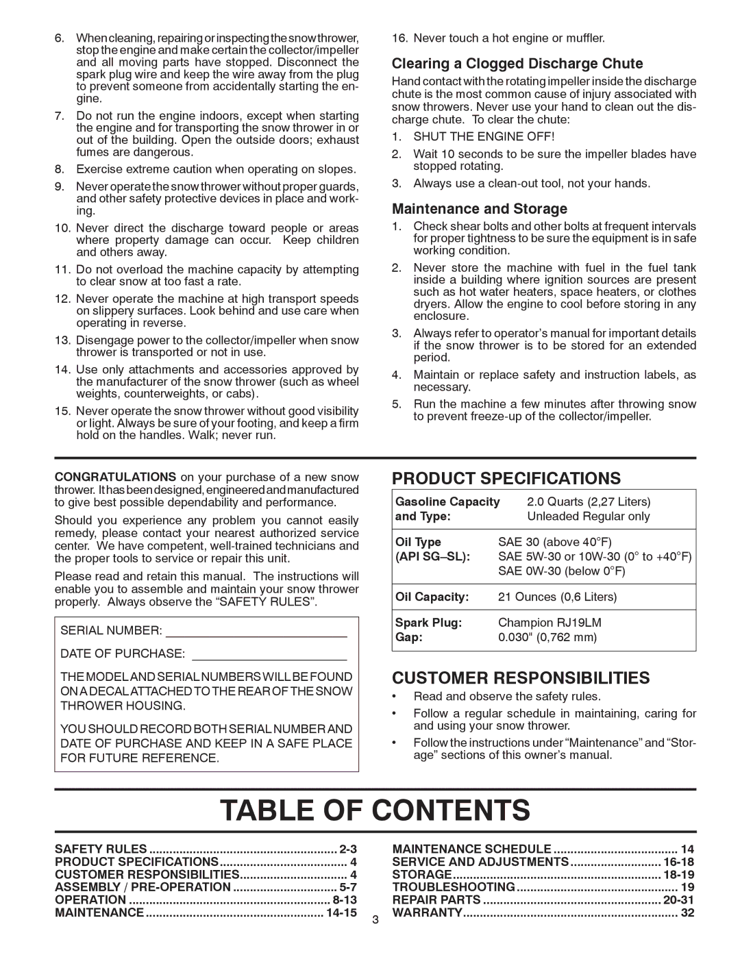 Poulan 414639 owner manual Table of Contents 