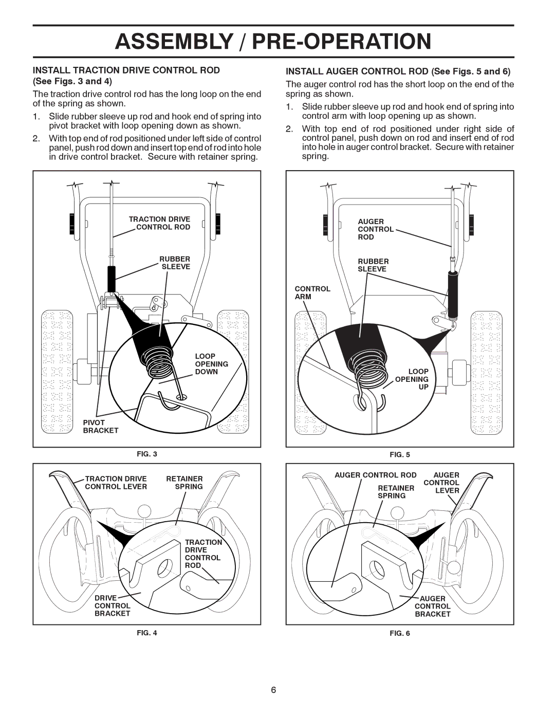 Poulan 414639 owner manual Install Traction Drive Control ROD See Figs, Install Auger Control ROD See Figs 