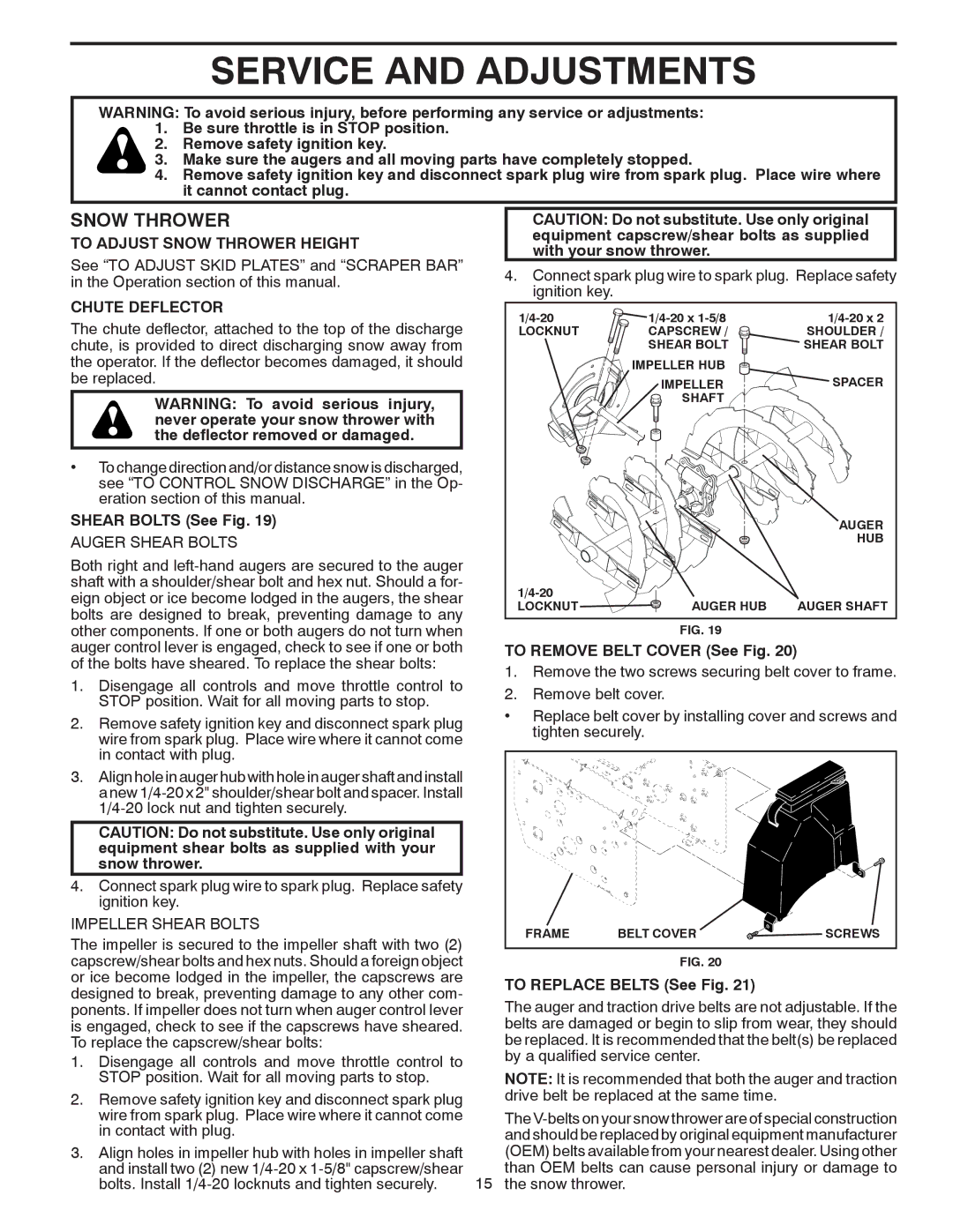 Poulan 414641 owner manual Service and Adjustments, To Adjust Snow Thrower Height, Chute Deflector 