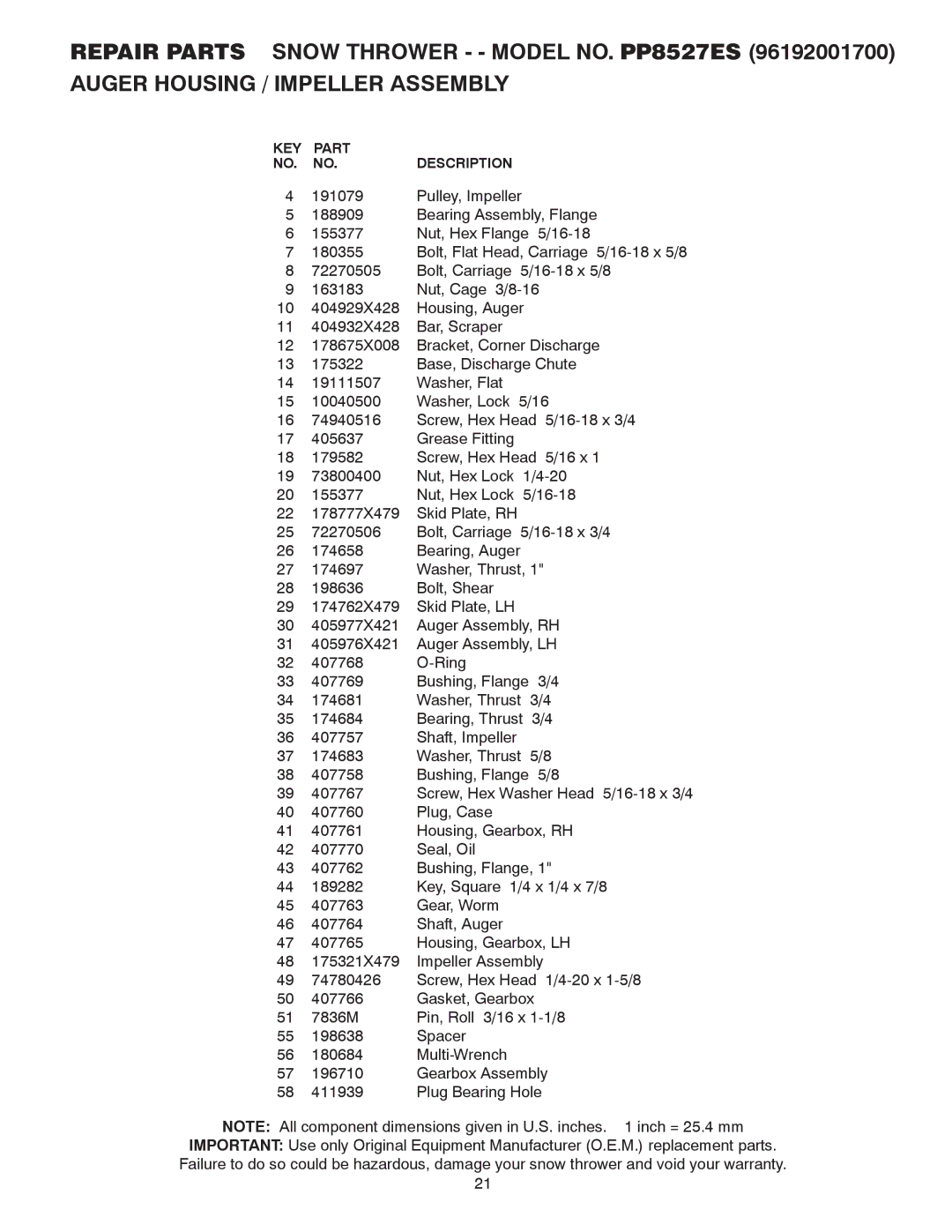 Poulan 414641 owner manual KEY Part Description 