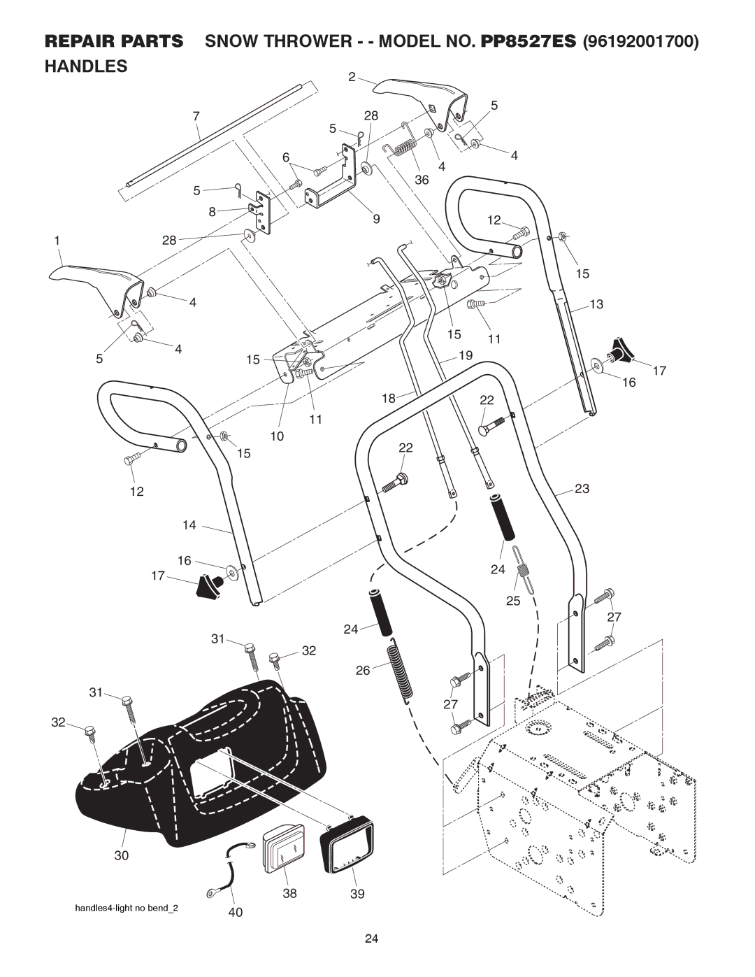 Poulan 414641 owner manual Repair Parts Snow Thrower - Model NO. PP8527ES Handles 